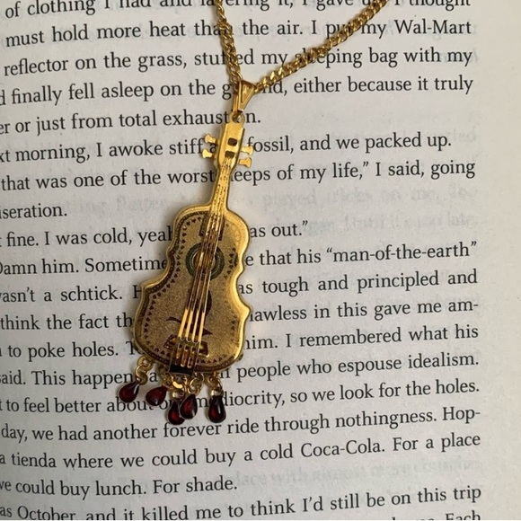 Vintage Jewelry - Vintage gold guitar jeweled gem pendent necklace